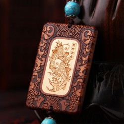 花梨木鑲嵌黃楊木雕刻年年有餘汽車掛件實木飾品